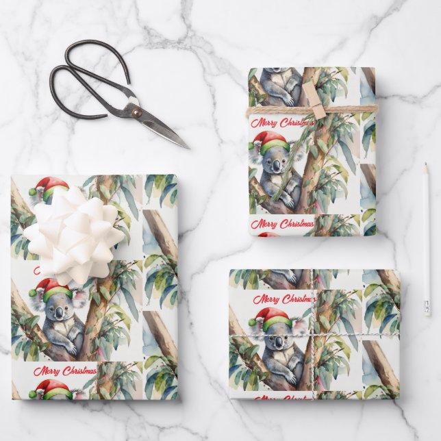 Merry Christmas Koala sitting in Gumtree Wrapping Paper Sheets (Front)