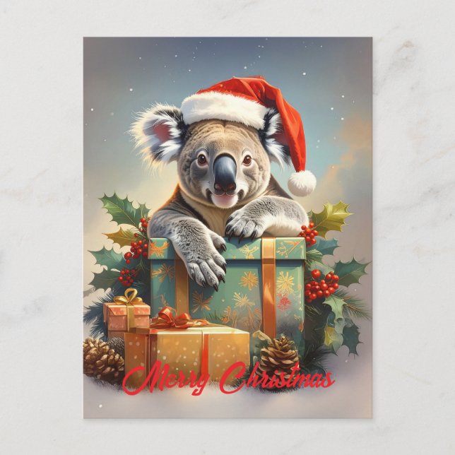 Merry Christmas Koala with presents and holly Holiday Postcard (Front)