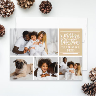 Merry Christmas Kraft Brown Script 4-Photo Collage Holiday Card