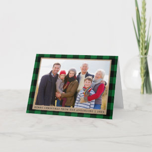 Merry Christmas Kraft Green Tartan Photo Fold Holiday Card