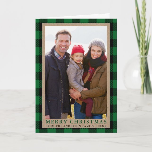 Merry Christmas Kraft Green Tartan Photo Folded Holiday Card (Front)
