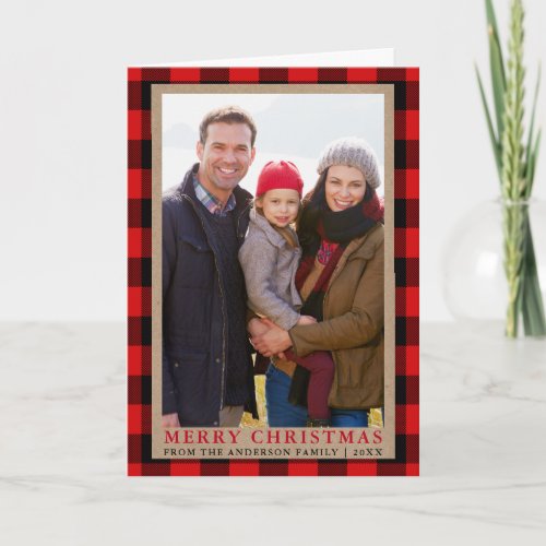 Merry Christmas Kraft Tartan Photo Folded Holiday Card