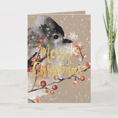 Merry Christmas Kraft Winter Sparrow  Berries Holiday Card