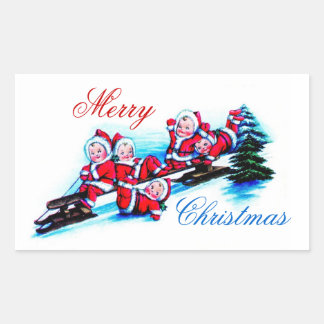 Merry Christmas Label - Elves Sledding in Snow