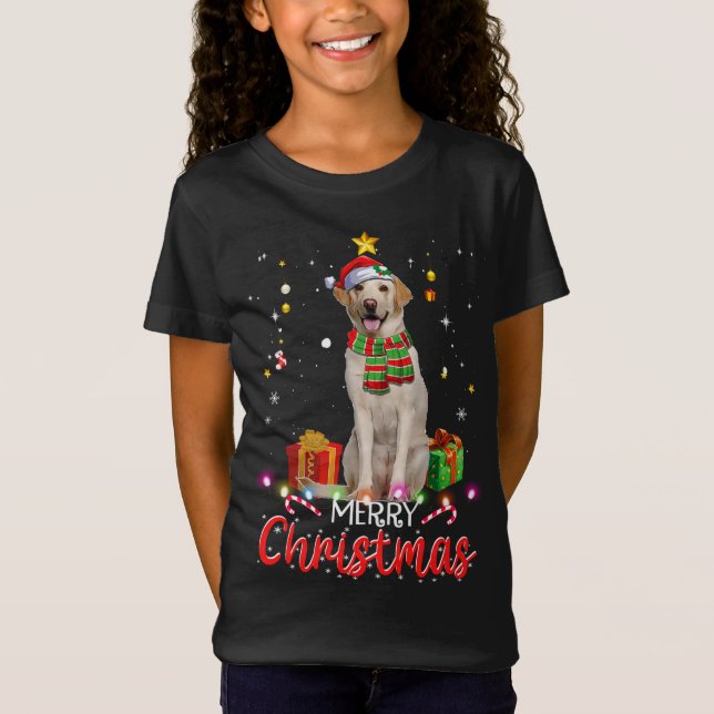 Merry Christmas Labrador Santa Hat Tree Lights Pj  T-Shirt (Front)