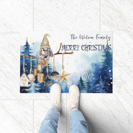 Merry Christmas Lady Gnome on Blue Forest Doormat