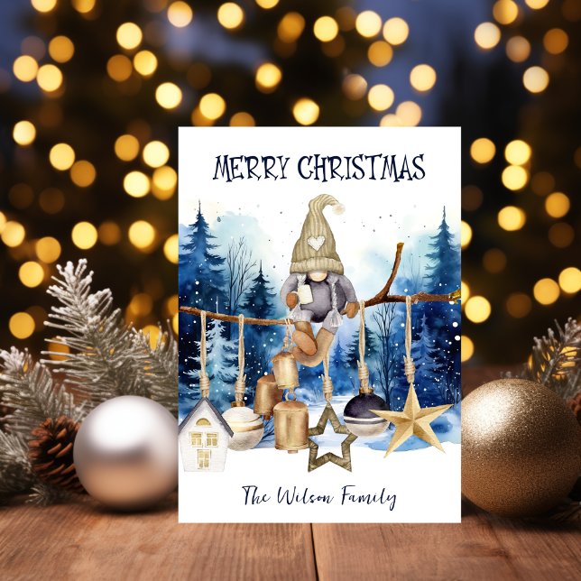 Merry Christmas Lady Gnome on Blue Forest Holiday Card (Creator Uploaded)