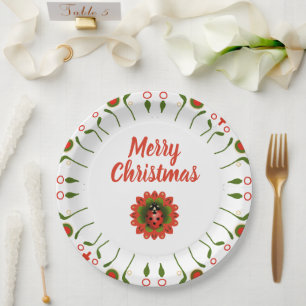 Merry Christmas Ladybug Red White Green Party Paper Plates