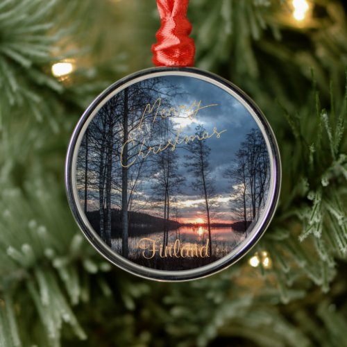 Merry Christmas Lake Scenery Finland Metal Ornament