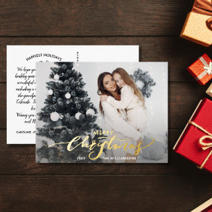 Merry Christmas Large Photo Christmas Letter Gold Foil Holiday Postcard
