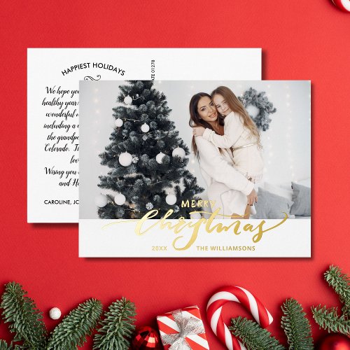 Merry Christmas Large Photo Christmas Letter Gold Foil Holiday Postcard