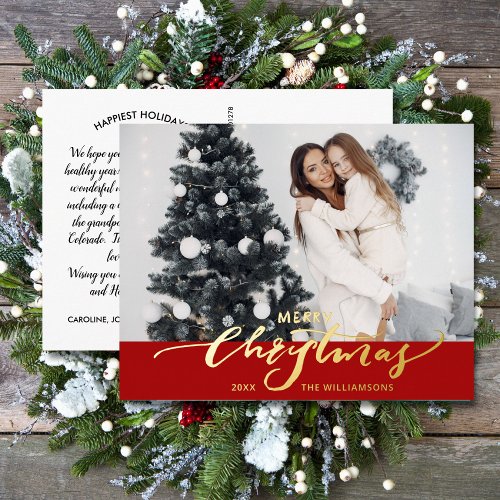 Merry Christmas Large Photo Christmas Letter Red Foil Holiday Postcard