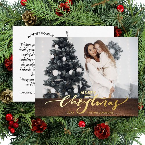 Merry Christmas Large Photo Family Letter Rustic Foil Holiday Postcard