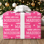 Merry Christmas Large Scale Custom Name Pink Wrapping Paper<br><div class="desc">Get ready for Christmas with custom name holiday gift wrap! This editable template features a "Merry Christmas" greeting, and is personalized with the recipient's name. A large-scale pattern, with retro typography that can be customized to suit a variety of special occasions. Perfect for all ages, from kids and teens to...</div>