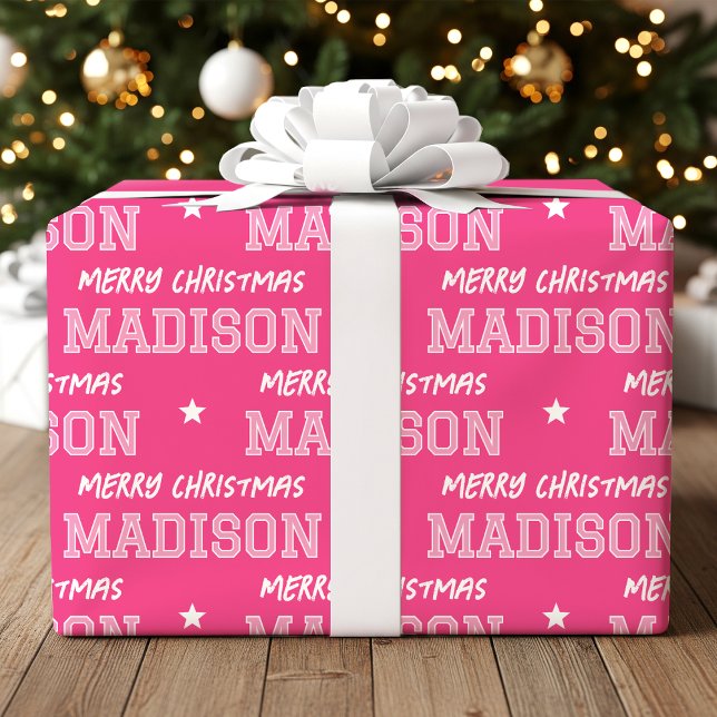 Merry Christmas Large Scale Custom Name Pink Wrapping Paper (Creator Uploaded)