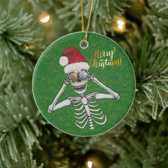 Merry Christmas Laughing Skeleton Glittery Gold