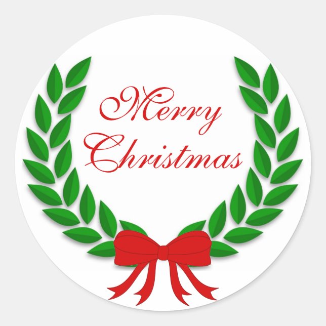 Merry Christmas Laurel Leaf Wreath and Red Bow Classic Round Sticker (Front)