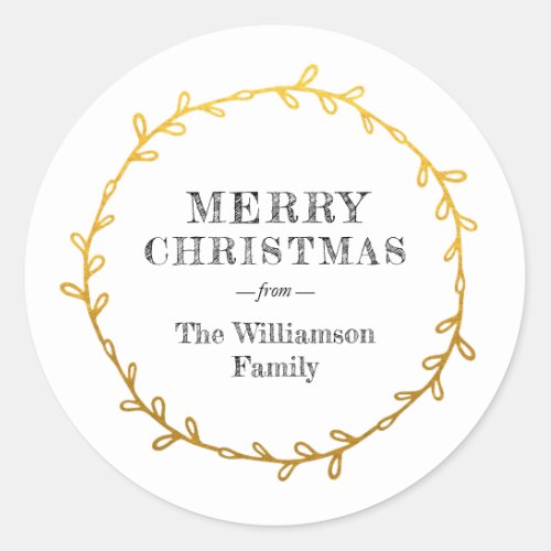 Merry Christmas Laurel Wreath Gold Name Classic Round Sticker