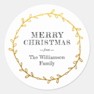Merry Christmas Laurel Wreath Gold Name Classic Round Sticker