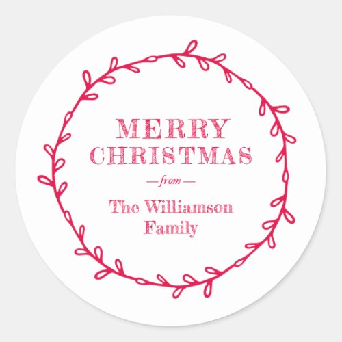 Merry Christmas Laurel Wreath Red White Name Classic Round Sticker