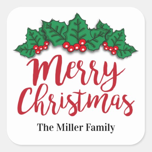 Merry Christmas Leaves And Berries Personalized Square Sticker