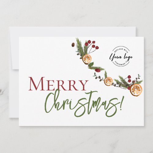 Merry Christmas leaves Oranges wreath Custom Logo Holiday Card