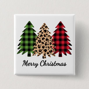 Merry Christmas Leopard and Plaid Trees Magnet Button
