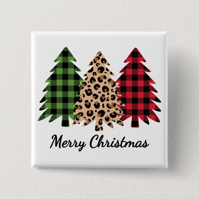 Merry Christmas Leopard and Plaid Trees Magnet Button (Front)