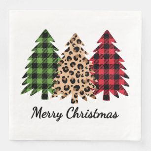 Merry Christmas Leopard and Plaid Trees Paper Dinner Napkins