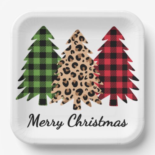 Merry Christmas Leopard and Plaid Trees Square Paper Plates