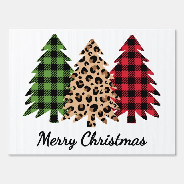 Merry Christmas Leopard and Plaid Trees Yard Sign (Front)