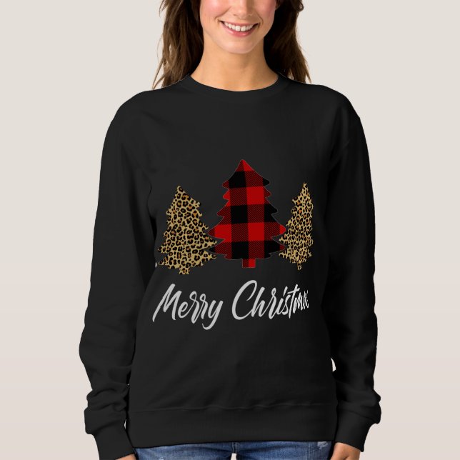 Merry Christmas, Leopard buffalo plaid Christmas t Sweatshirt (Front)