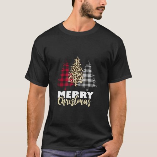 Merry Christmas Leopard Buffalo Plaid Xmas Christm T_Shirt