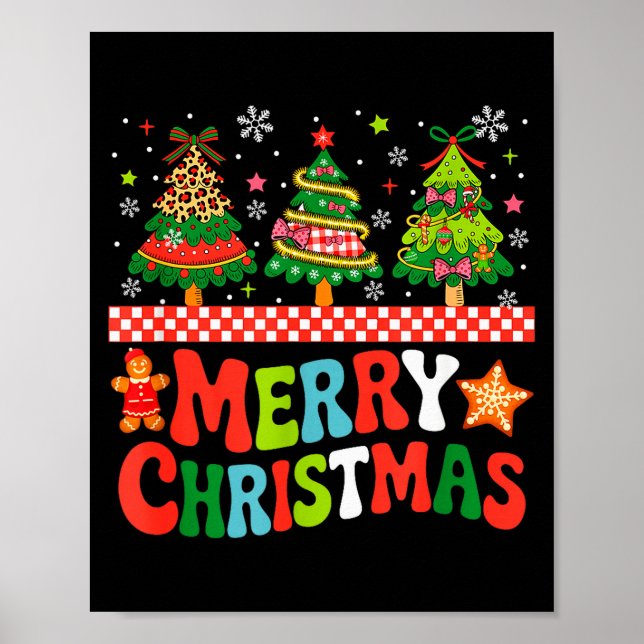 Merry Christmas Leopard Colorful Xmas Trees Bow Ti Poster (Front)