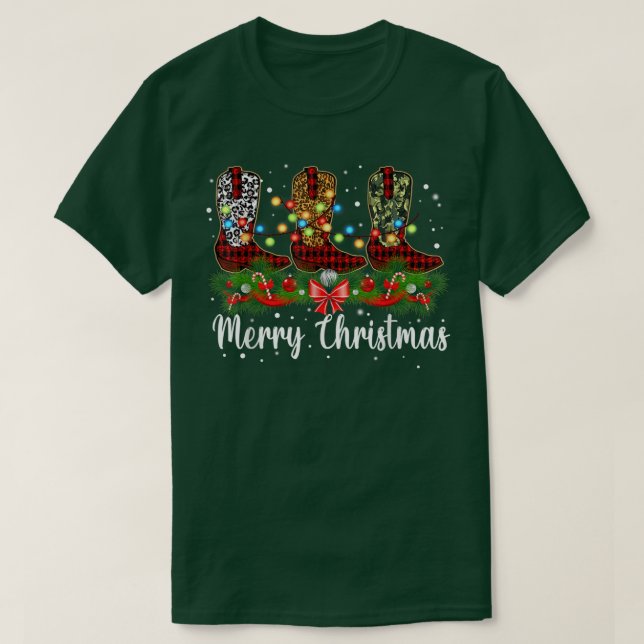 Merry Christmas Leopard Cowboy Boot Western Santa  T-Shirt (Design Front)