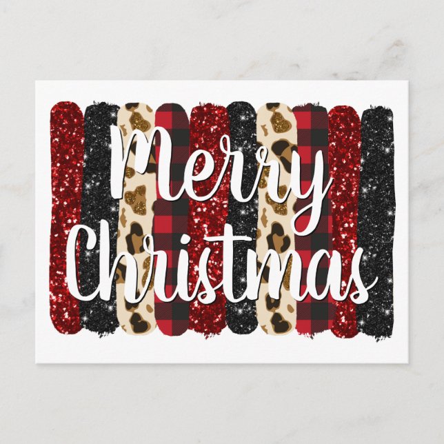 Merry Christmas Leopard Glitter Glam Brush Strokes Holiday Postcard (Front)