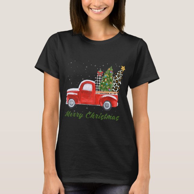 Merry Christmas Leopard Plaid Christmas Tree Red T T-Shirt (Front)