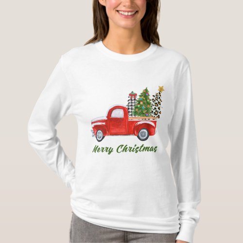 Merry Christmas Leopard Plaid Christmas TreeRed Tr T_Shirt