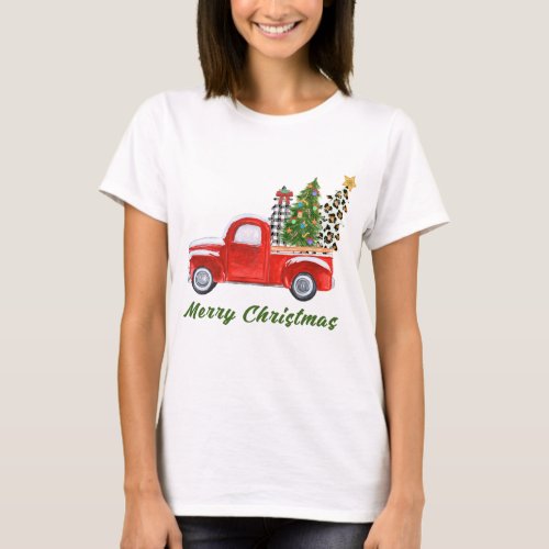 Merry Christmas Leopard Plaid Christmas TreeRed Tr T_Shirt