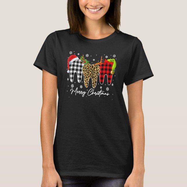 Merry Christmas Leopard Plaid Teeth Santa Reindeer T-Shirt (Front)