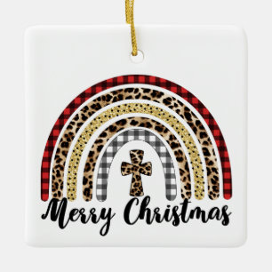 Merry Christmas Leopard Print Cross Ceramic Ornament
