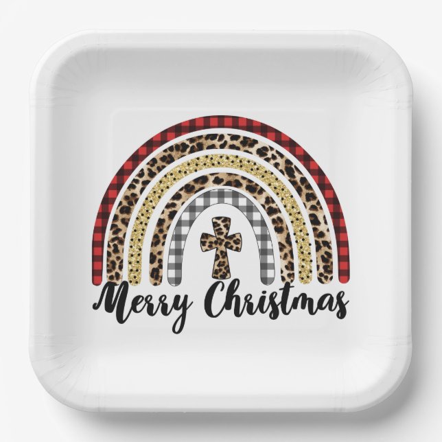 Merry Christmas Leopard Print Cross Paper Plates (Front)