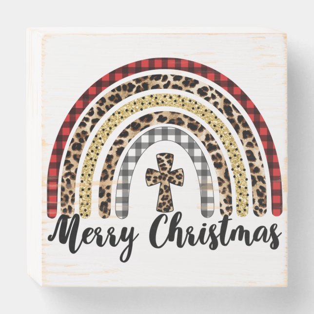 Merry Christmas Leopard Print Cross Wooden Box Sign (Front Horizontal)