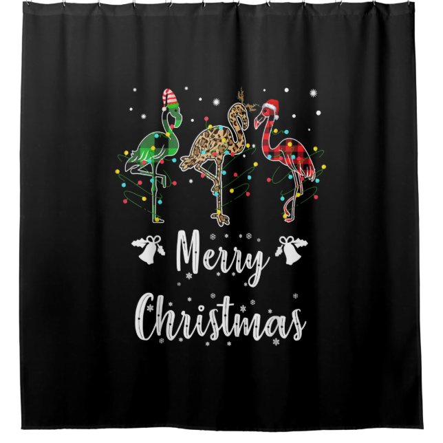 Merry Christmas Leopard Red Green Plaid Flamingo Shower Curtain (Front)