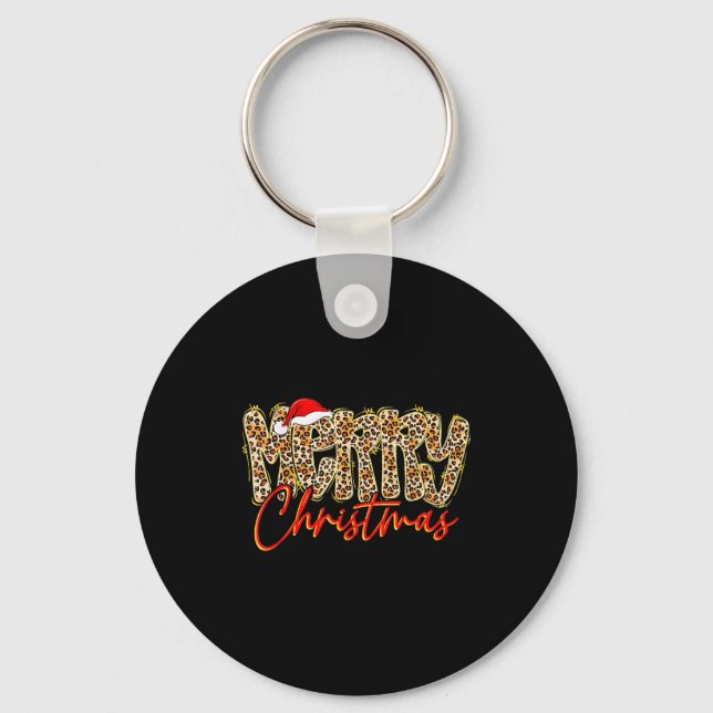 Merry Christmas Leopard Xmas Santa Holiday Family  Keychain (Front)