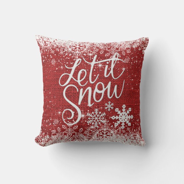 Merry Christmas Let it Snow - Faux Red Burlap Throw Pillow (Front)