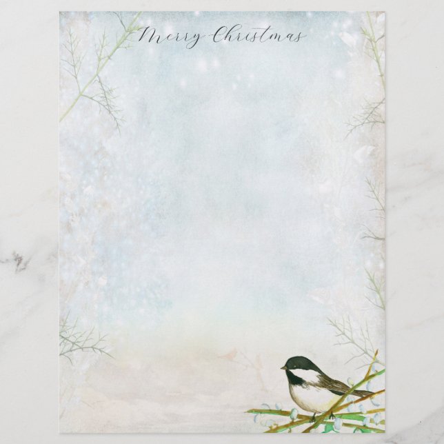 Merry Christmas Letter Chickadee Bird Botanical  Letterhead (Front)