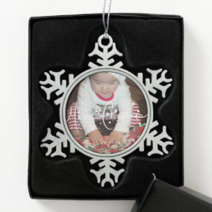 Merry Christmas Lettering and Baby Family Photo Snowflake Pewter Christmas Ornament