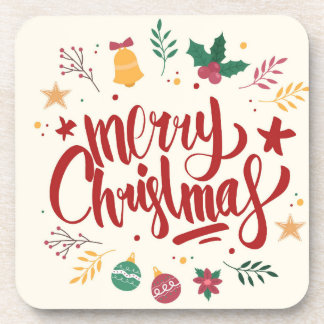 Merry Christmas Lettering Beverage Coaster