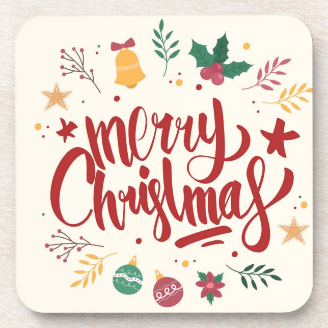 Merry Christmas Lettering Beverage Coaster (Front)